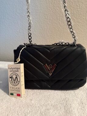 Valentino Orlandi Black Quilted Chain Shoulder Bag NWT Vegan Leather $279 MSRP